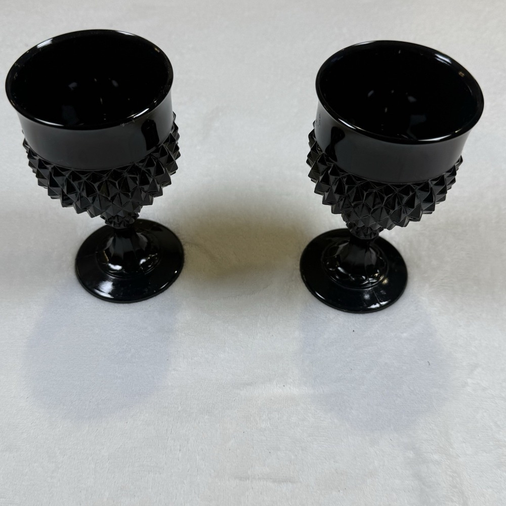 Vintage Indiana Glass Tiara Black Diamond Point Goblets Pair 6.5” Gothic